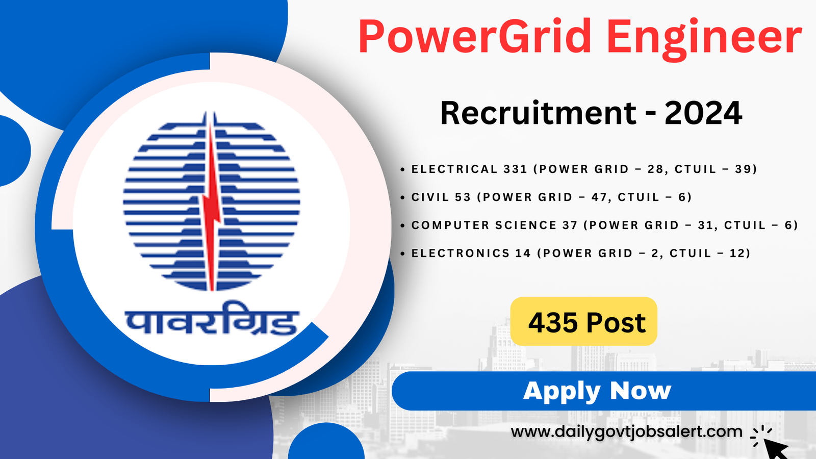 PowerGrid Engineer Recruitment 2024 Post Apply Online for 435 Vacancies dailygovtjobsalert